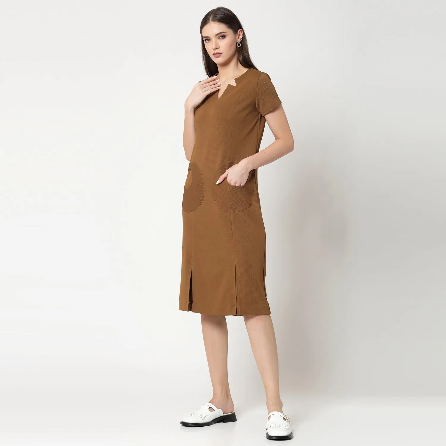 Mustard Lycra Dress With Round Pocket