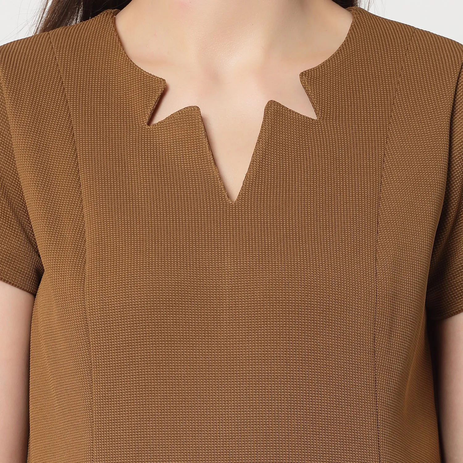Mustard Lycra Dress With Round Pocket