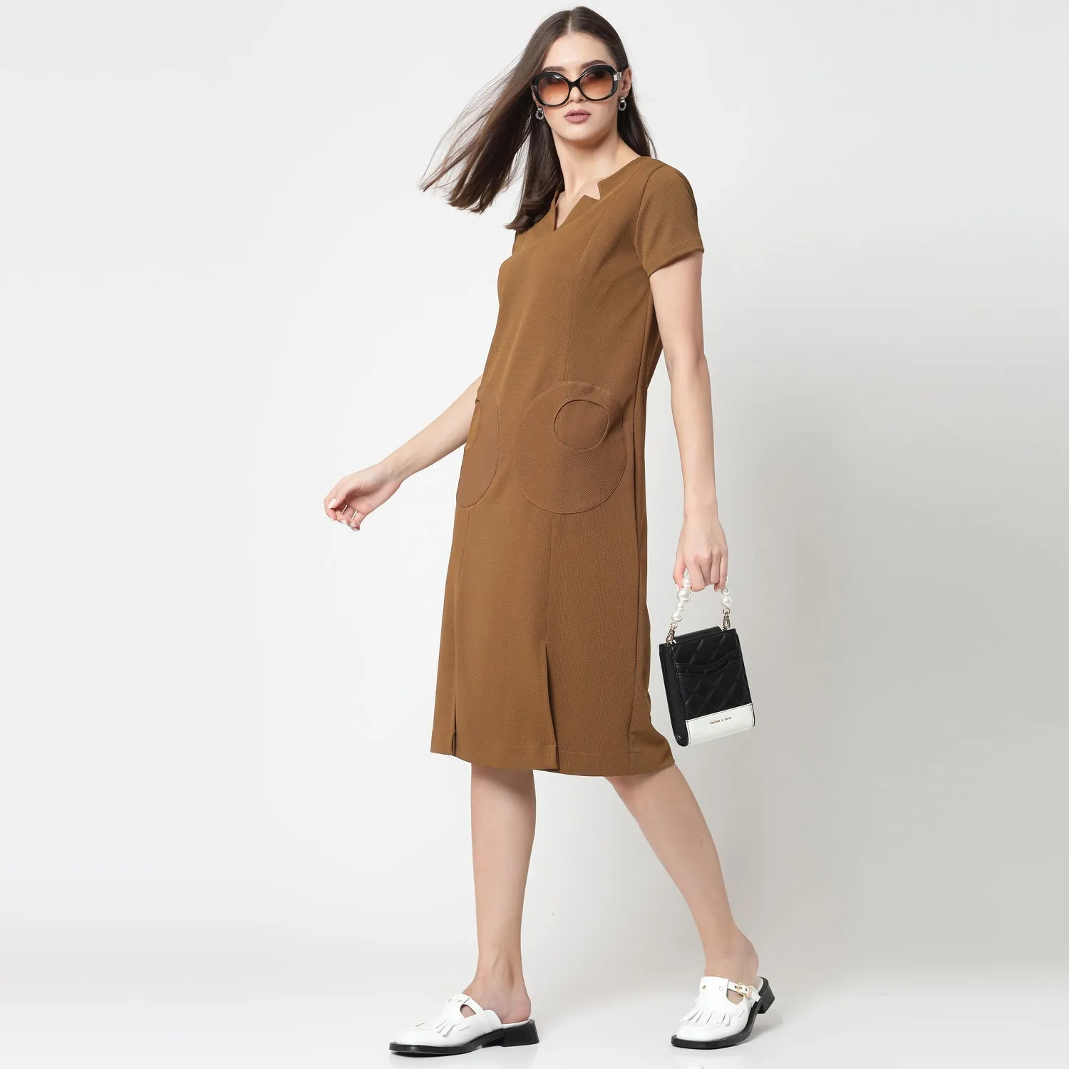 Mustard Lycra Dress With Round Pocket