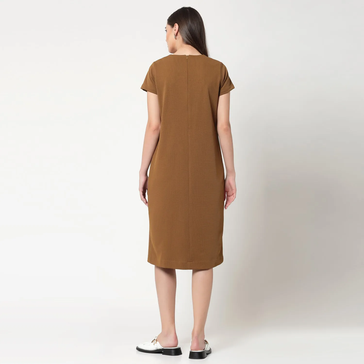 Mustard Lycra Dress With Round Pocket