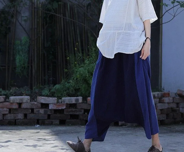 Navy Blue Cotton Linen Harem Pants | Lotus