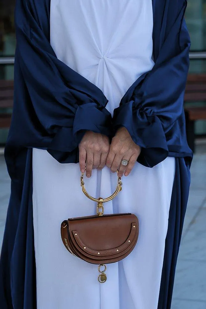 Navy Loves open front maxi satin abaya throw over