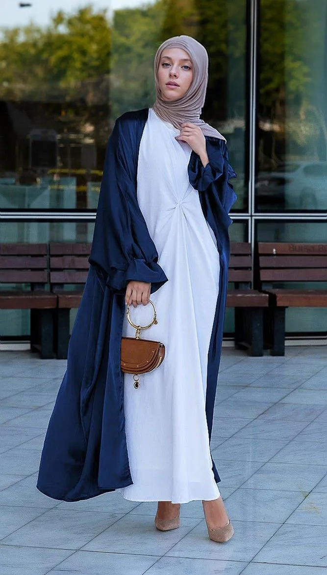 Navy Loves open front maxi satin abaya throw over