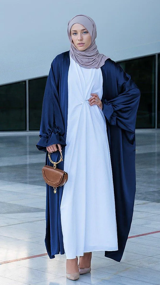 Navy Loves open front maxi satin abaya throw over