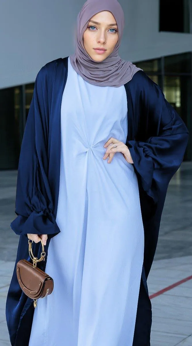 Navy Loves open front maxi satin abaya throw over