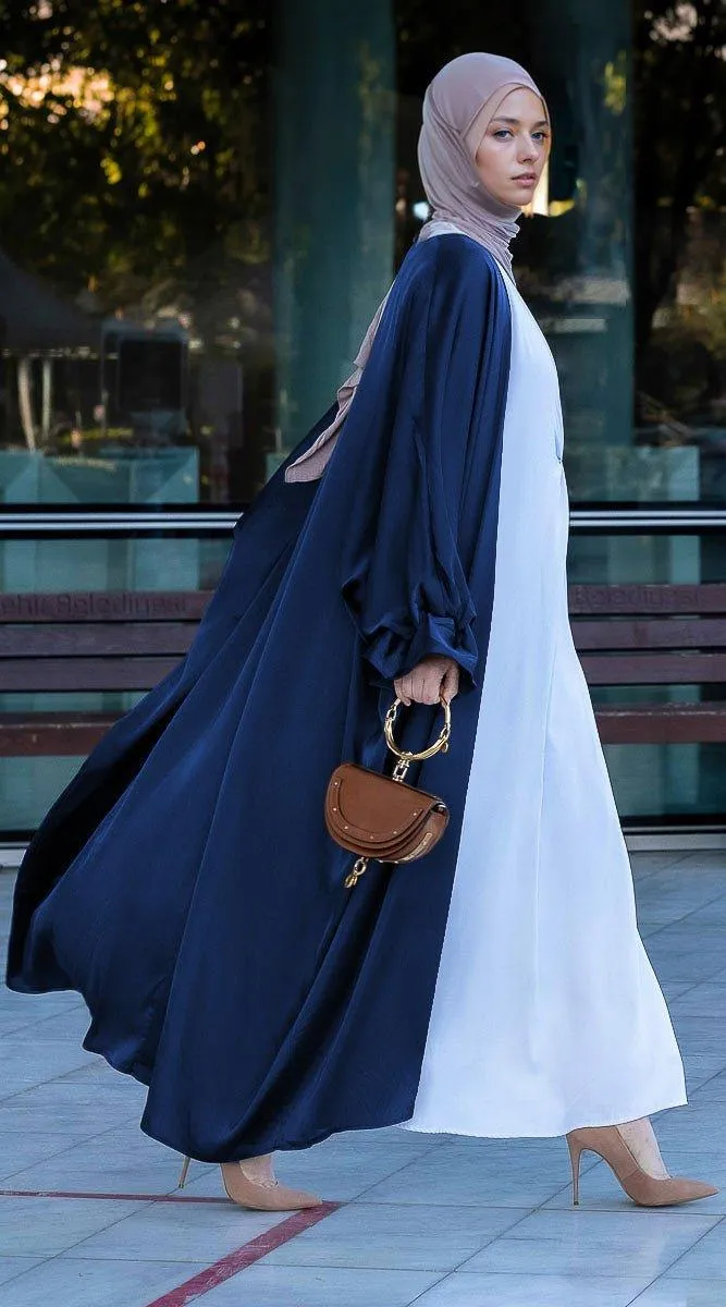 Navy Loves open front maxi satin abaya throw over