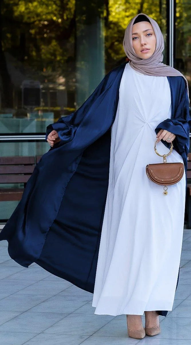 Navy Loves open front maxi satin abaya throw over