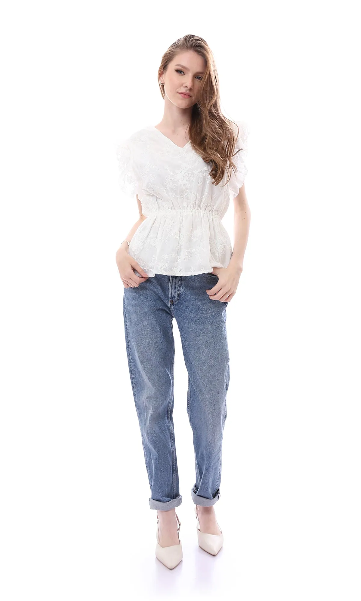 O166508 Elastic Waist Slip On Comfy Off-White Blouse