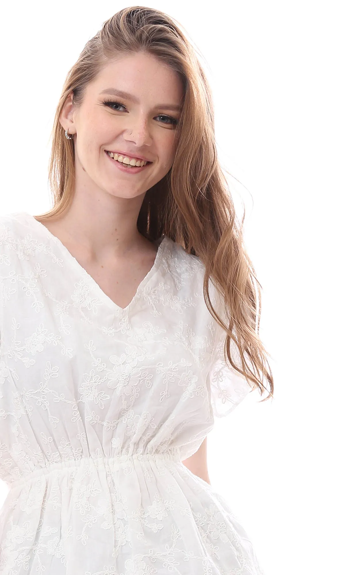 O166508 Elastic Waist Slip On Comfy Off-White Blouse