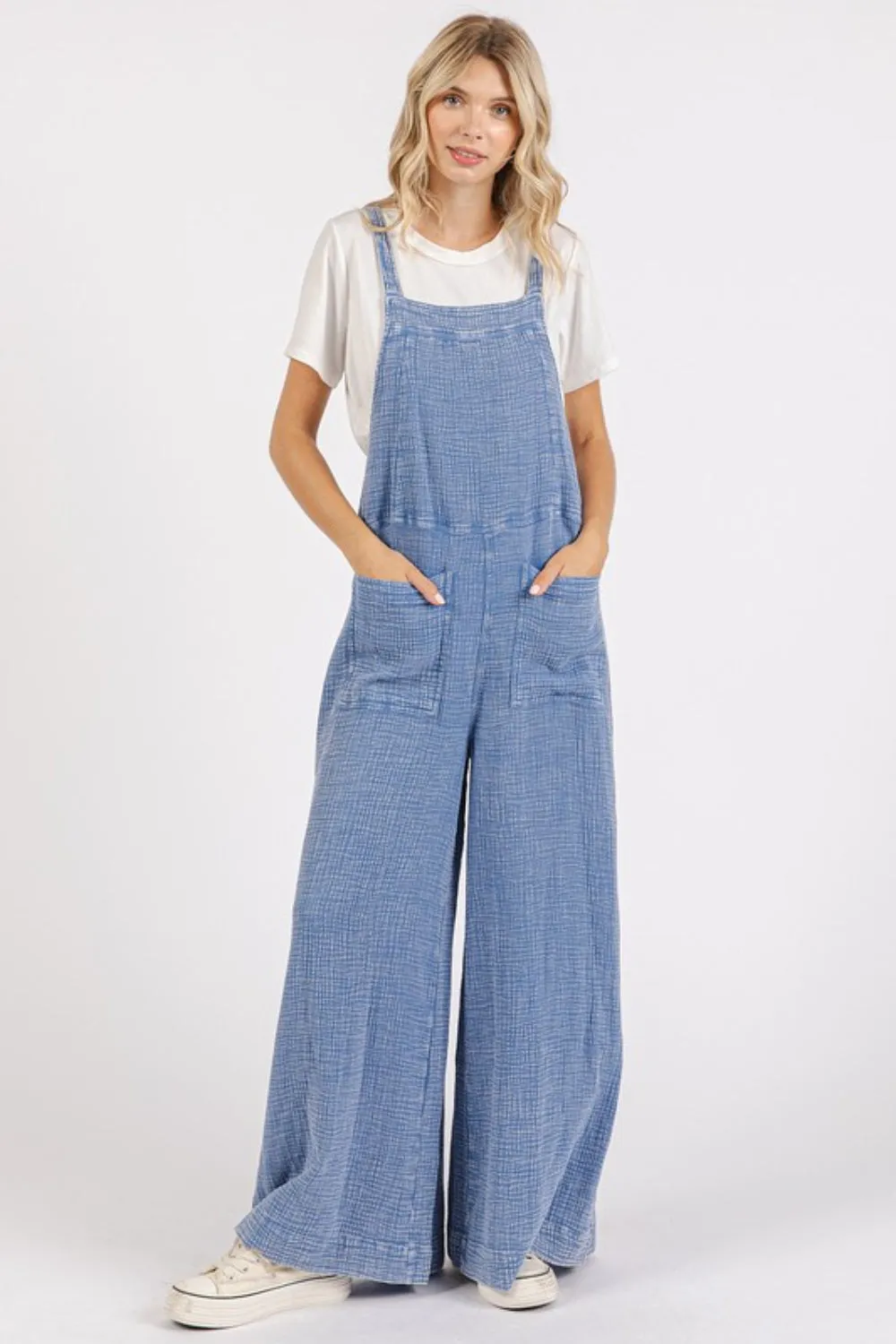 Overall Vibes Blue Textured Wide Leg Overalls