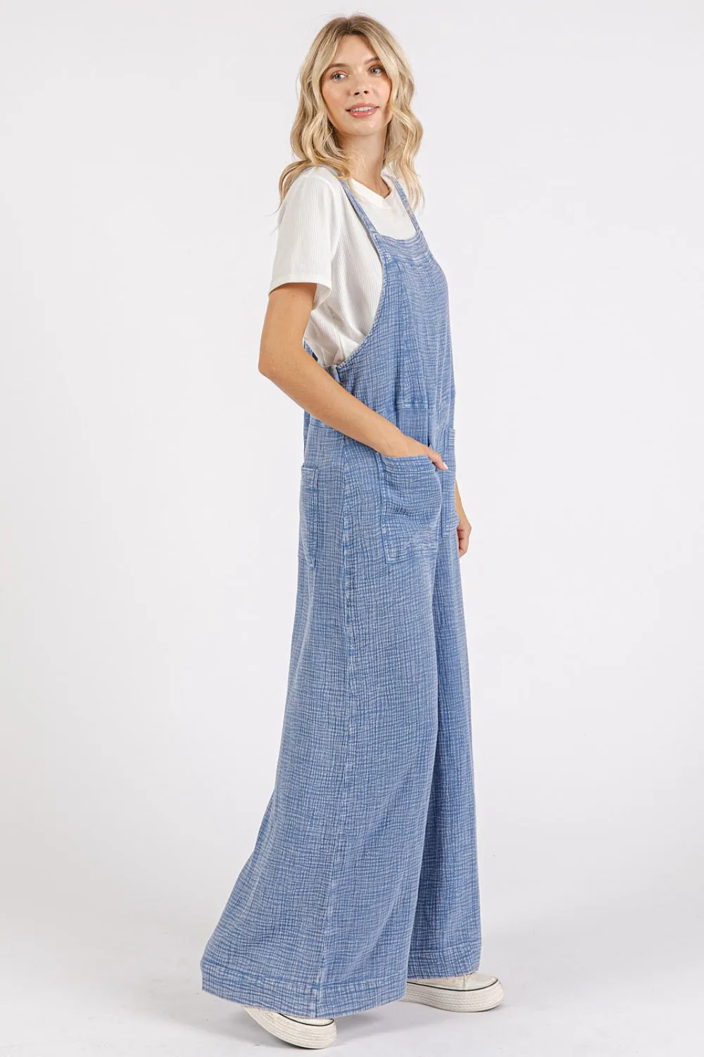 Overall Vibes Blue Textured Wide Leg Overalls
