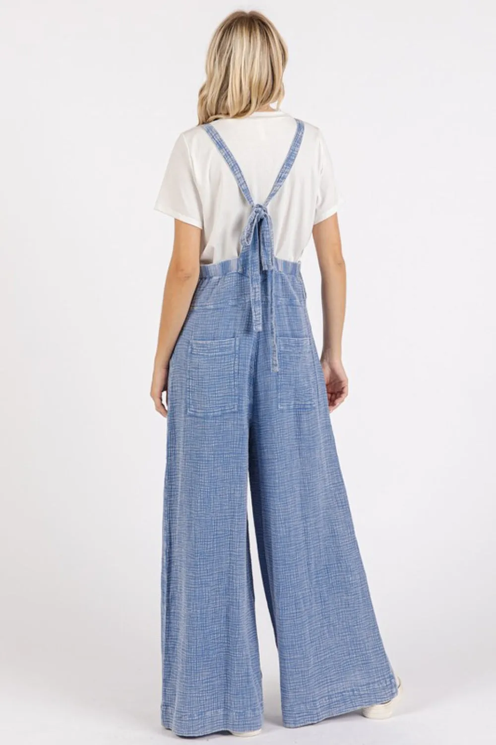 Overall Vibes Blue Textured Wide Leg Overalls
