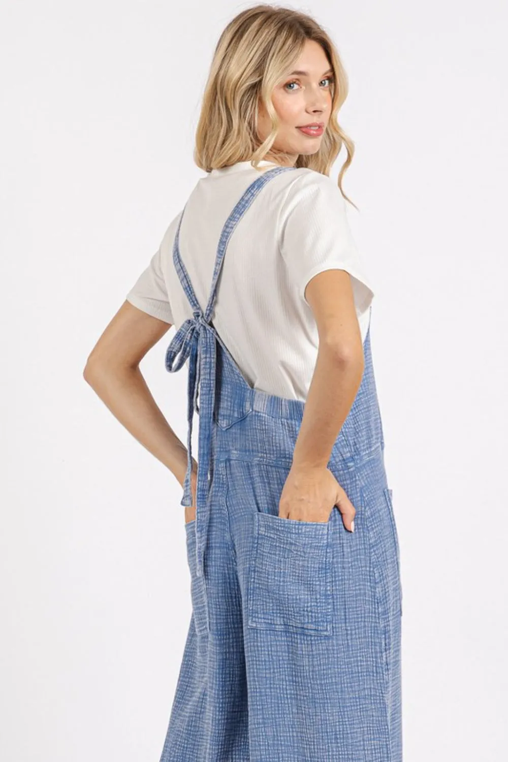Overall Vibes Blue Textured Wide Leg Overalls