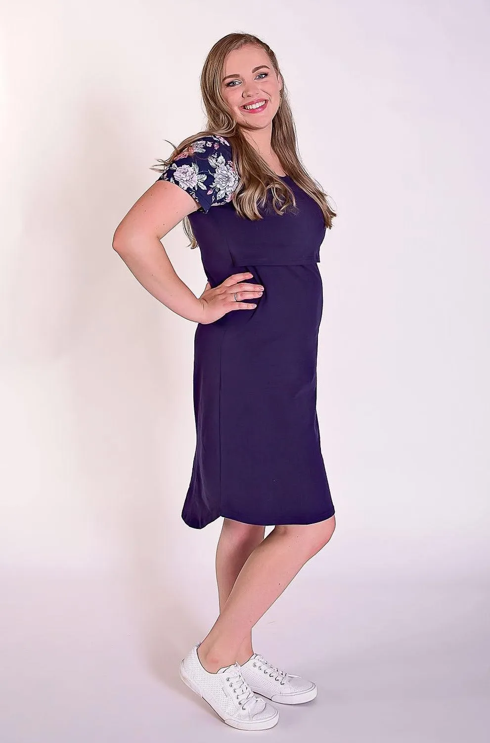 Peach Bloom Floral Sleeve Dress in Navy - Flap