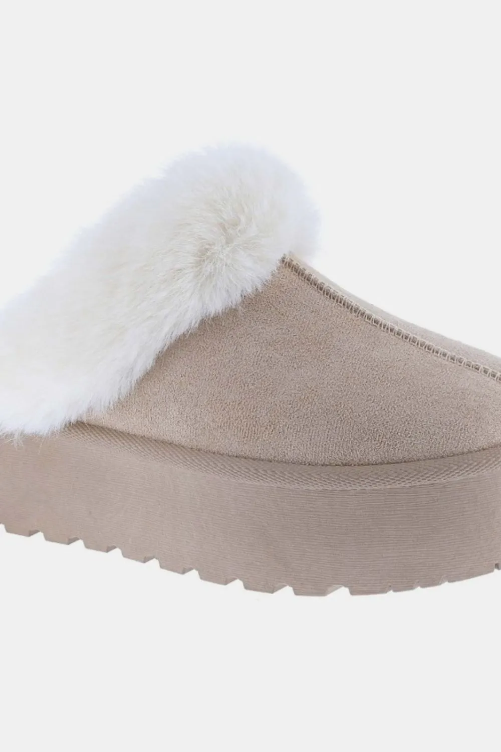 Platform Bottom Fur Trim Snow Slippers in Taupe