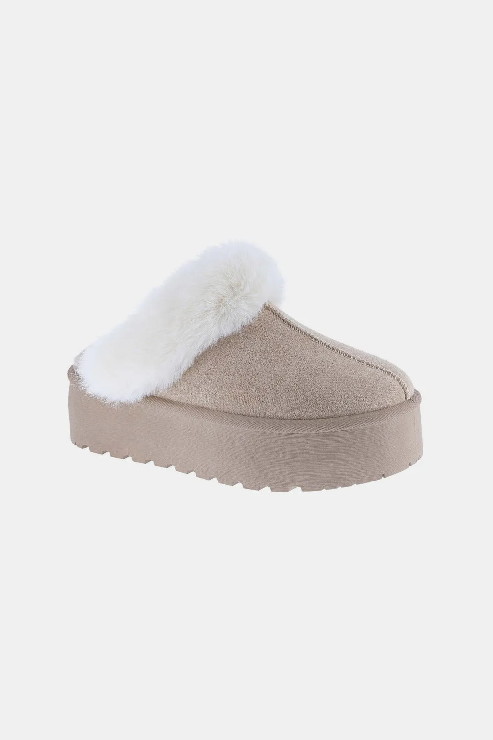 Platform Bottom Fur Trim Snow Slippers in Taupe