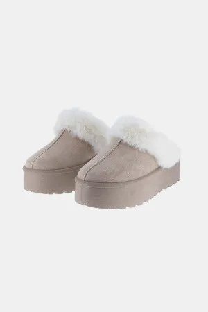 Platform Bottom Fur Trim Snow Slippers in Taupe