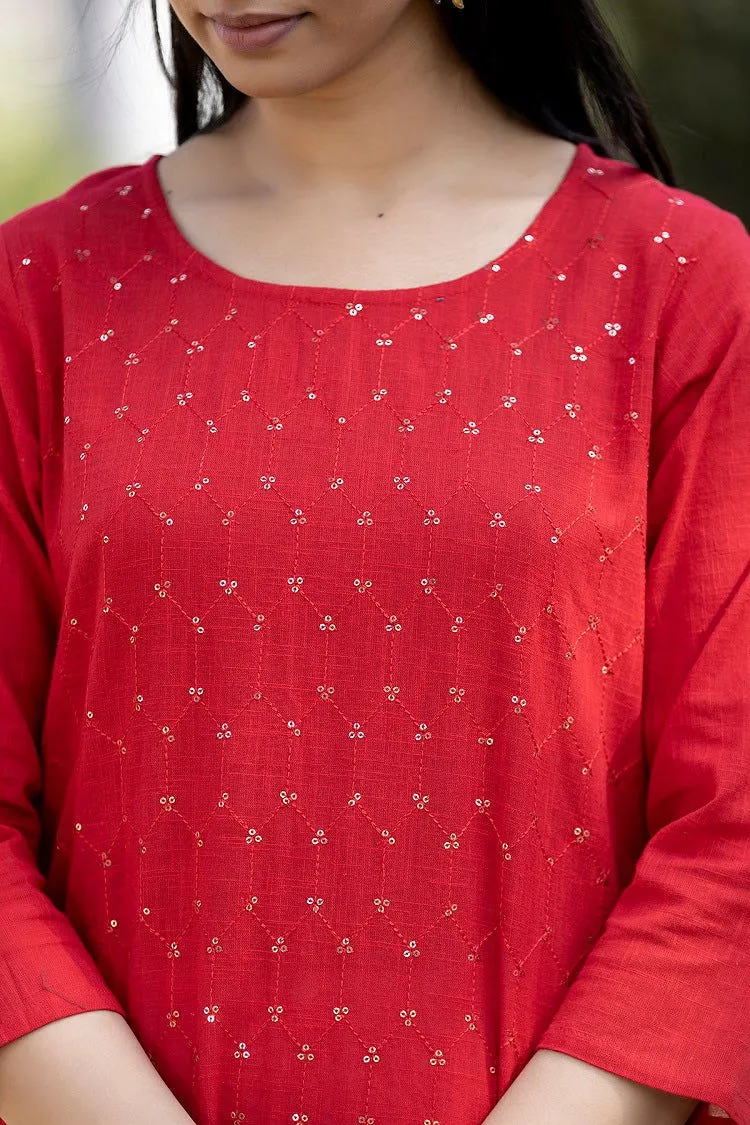Red Solid Sequins Embellished Cotton Casual Kurta (Set of 1)