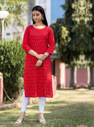 Red Solid Sequins Embellished Cotton Casual Kurta (Set of 1)