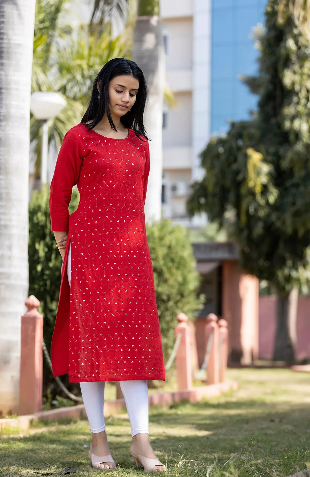 Red Solid Sequins Embellished Cotton Casual Kurta (Set of 1)