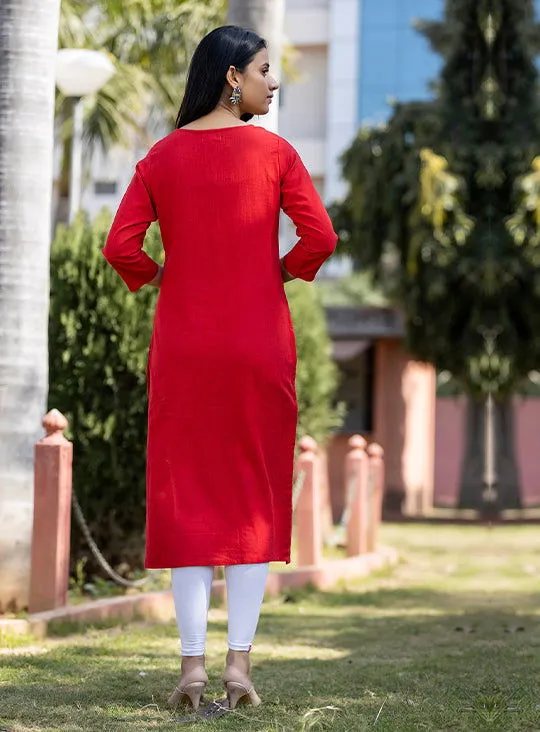 Red Solid Sequins Embellished Cotton Casual Kurta (Set of 1)