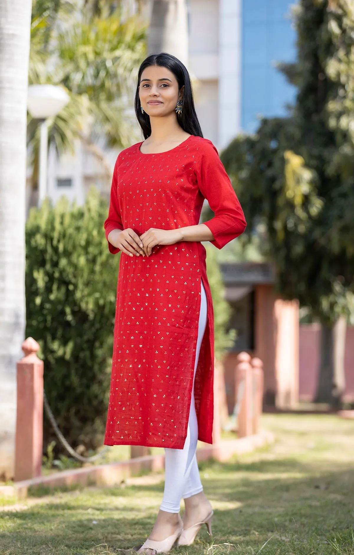 Red Solid Sequins Embellished Cotton Casual Kurta (Set of 1)