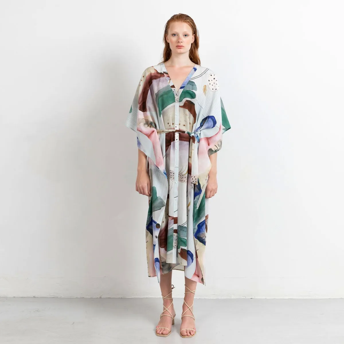 Riviera Long Silk Caftan Dress Coral Print
