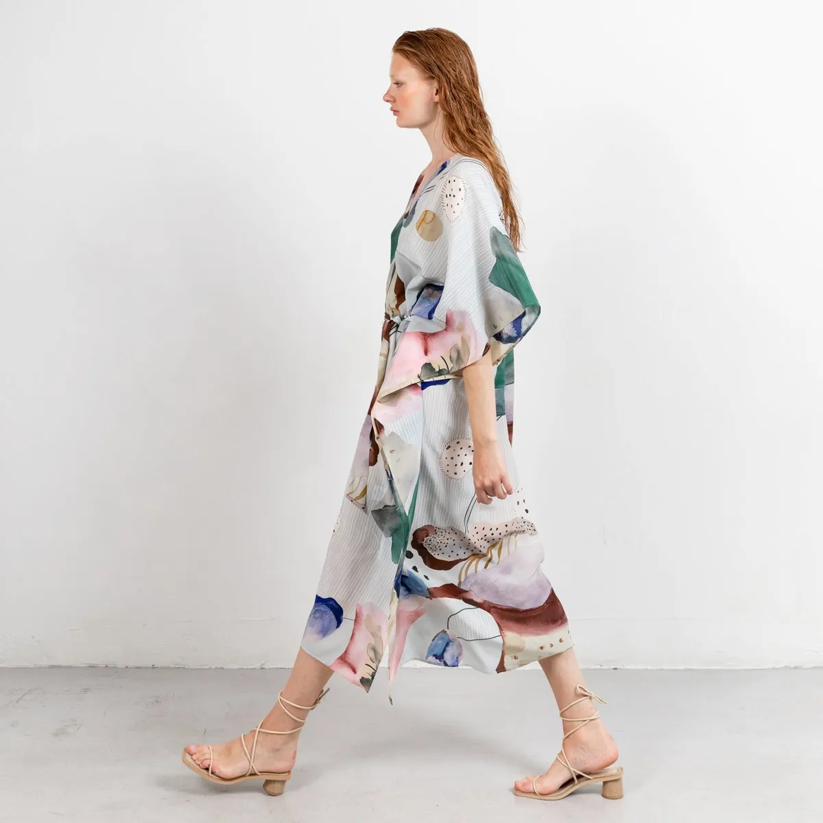 Riviera Long Silk Caftan Dress Coral Print