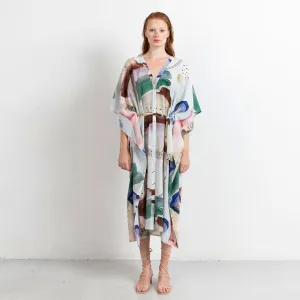 Riviera Long Silk Caftan Dress Coral Print
