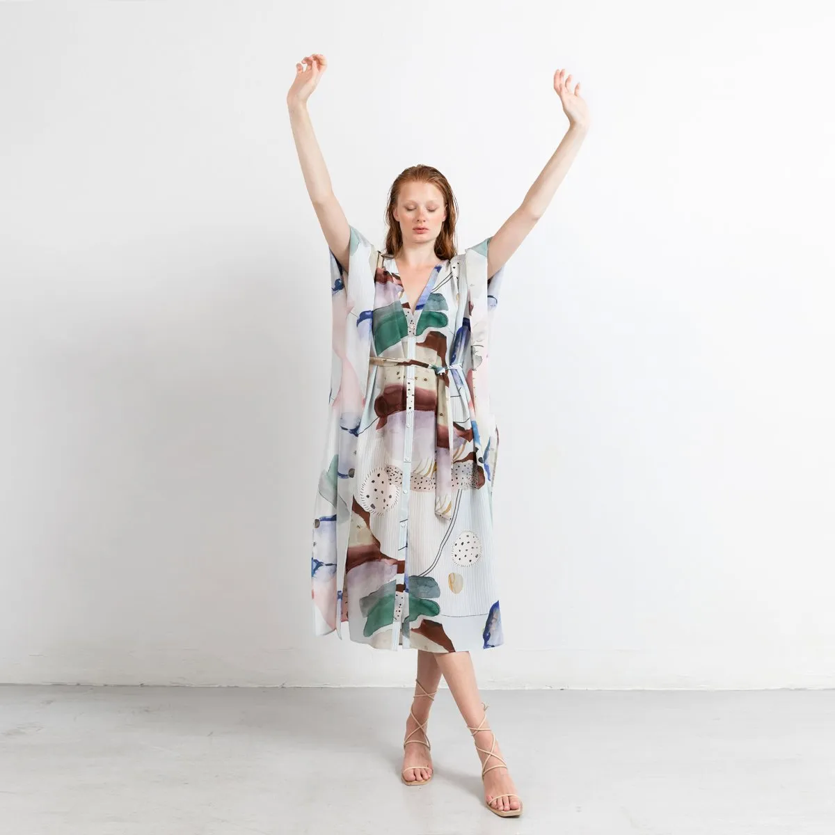 Riviera Long Silk Caftan Dress Coral Print