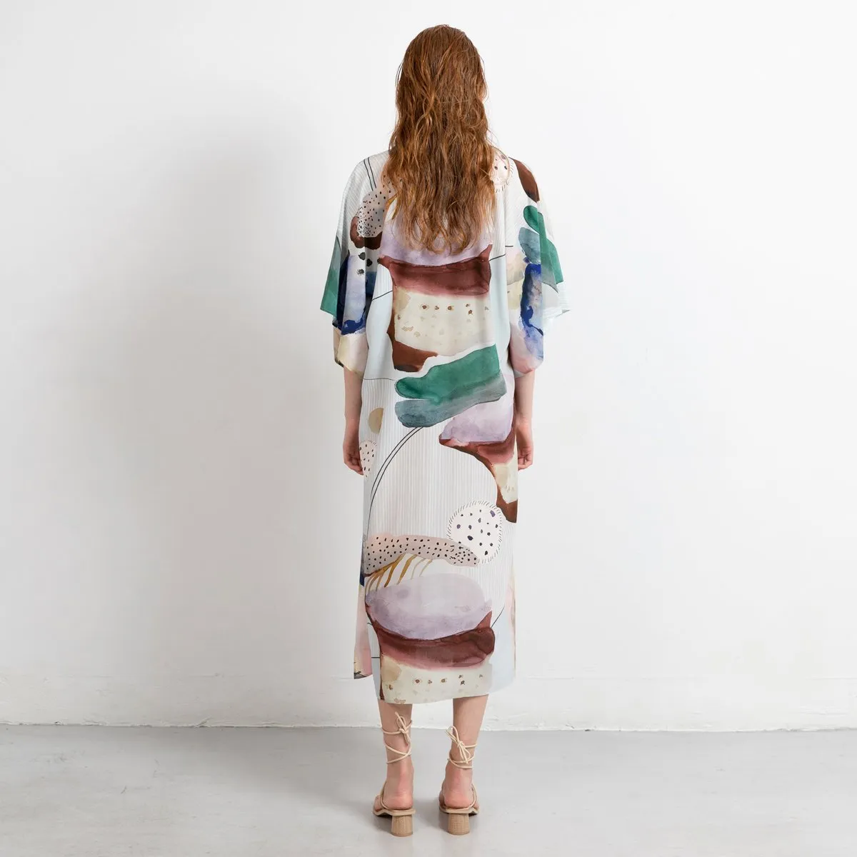 Riviera Long Silk Caftan Dress Coral Print
