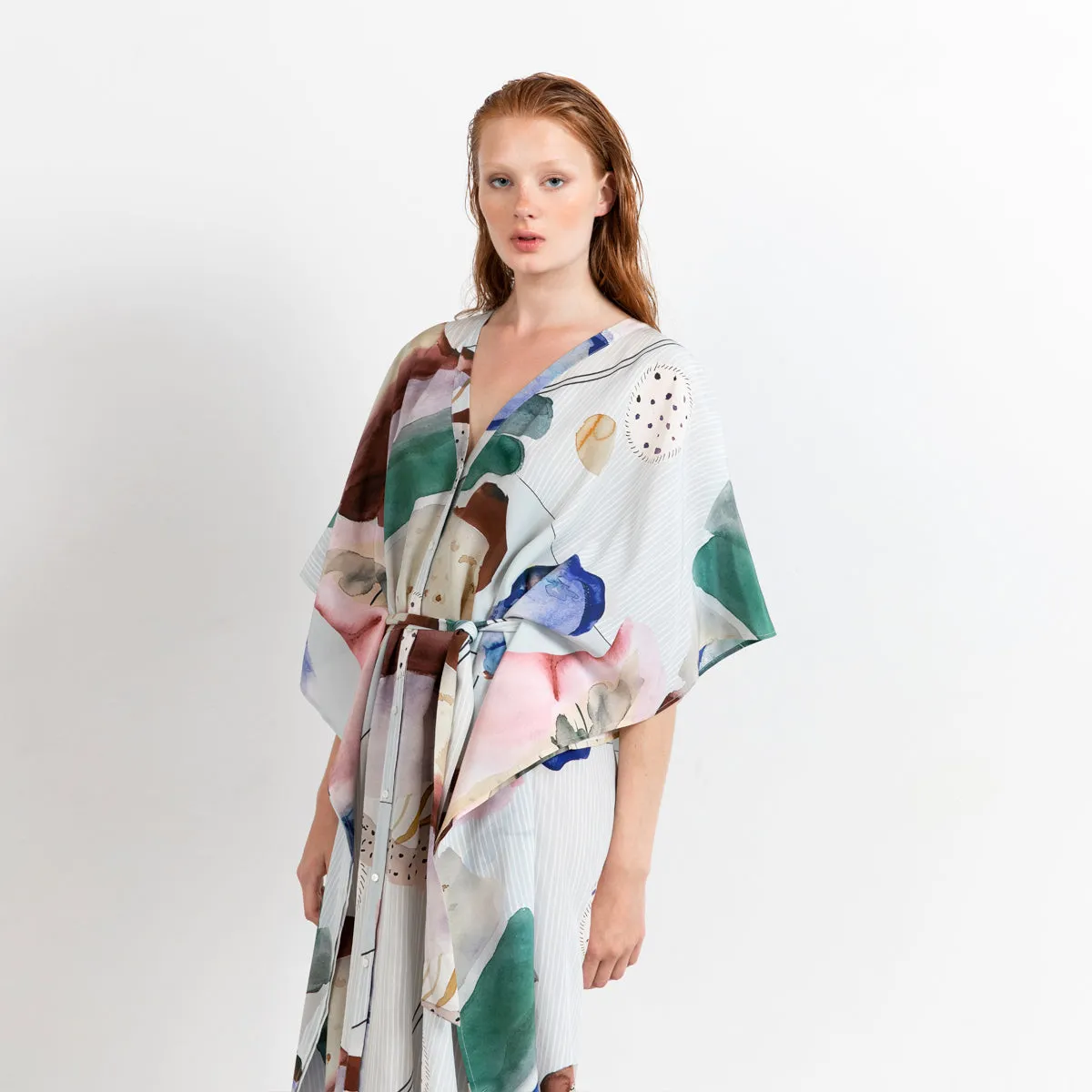 Riviera Long Silk Caftan Dress Coral Print