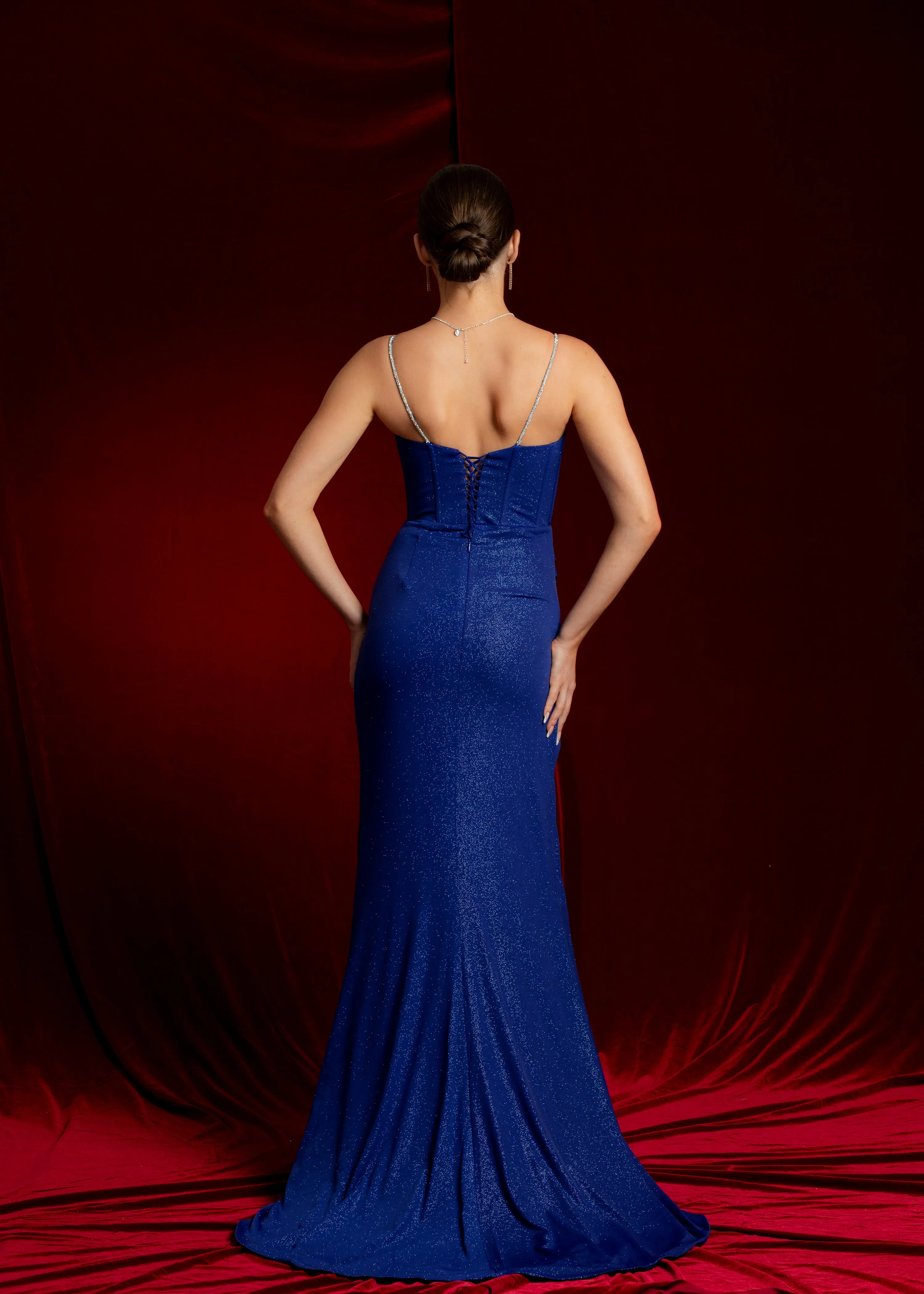 Royal blue sparkling dress with bustier top and ruched high slit