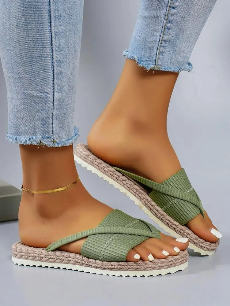 Rungion Women's Summer Beach Flip Flops Straw Woven Sandals Lightweight Outdoor Walking Flat Slide Shoes Non-Slip Slippers