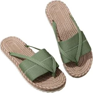 Rungion Women's Summer Beach Flip Flops Straw Woven Sandals Lightweight Outdoor Walking Flat Slide Shoes Non-Slip Slippers