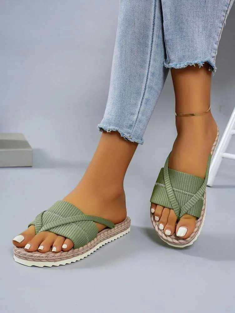 Rungion Women's Summer Beach Flip Flops Straw Woven Sandals Lightweight Outdoor Walking Flat Slide Shoes Non-Slip Slippers