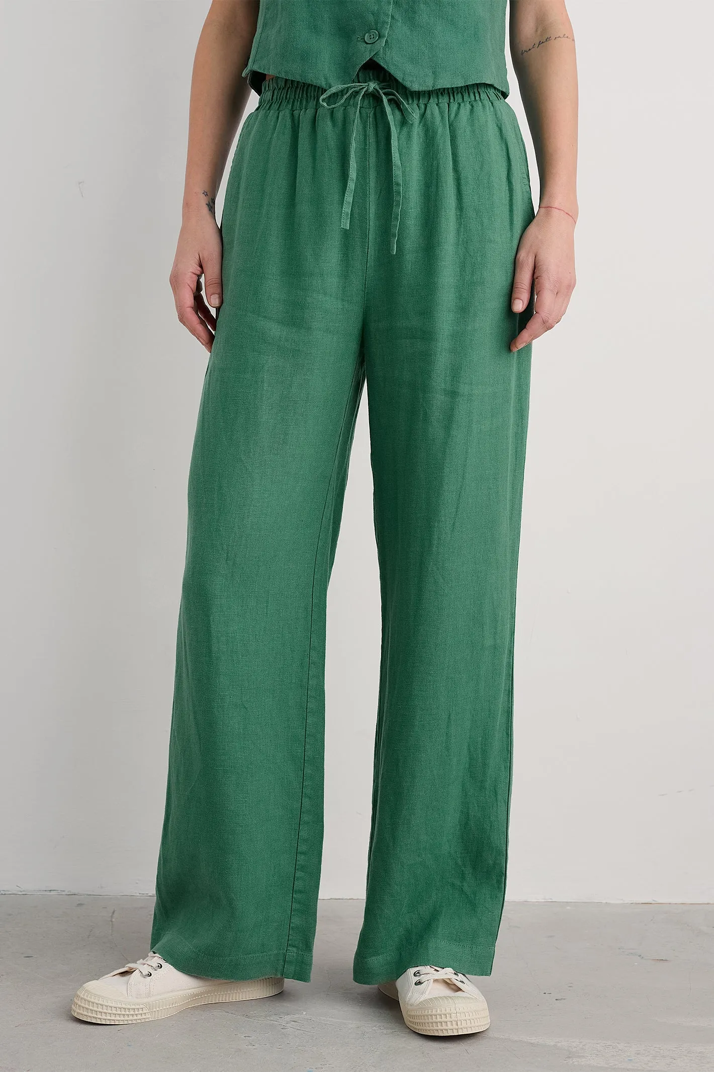 Seasalt Tide Flow Linen Trouser Pine Green Tie Waist WM33382-13593