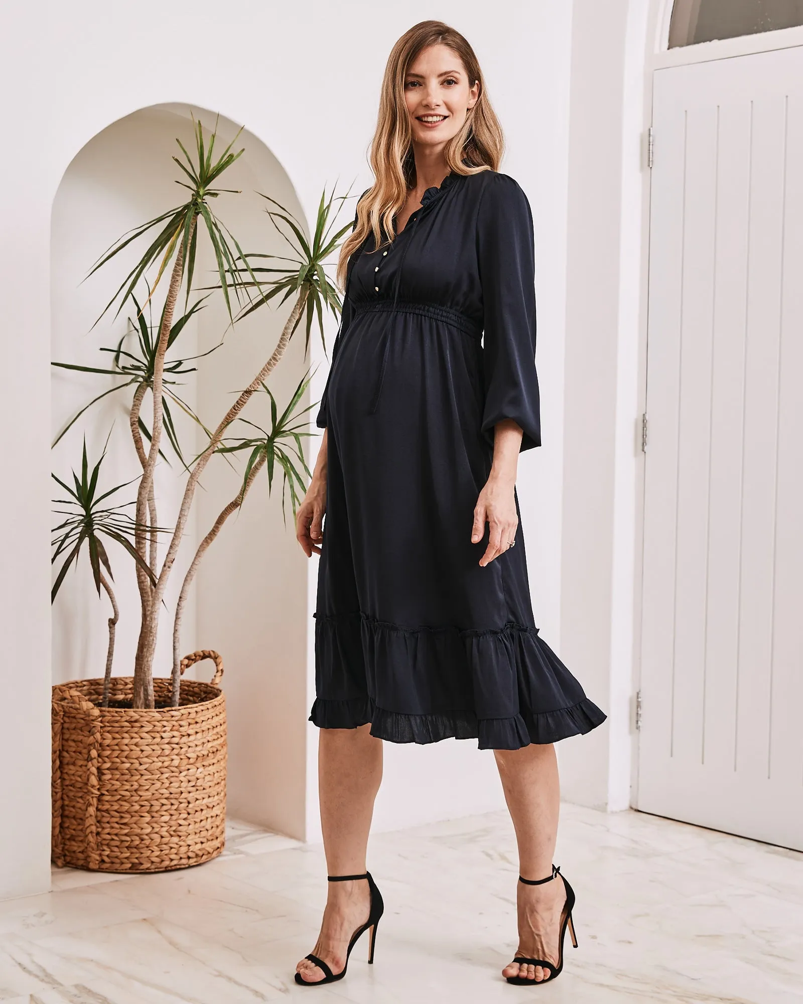 Stelle Baby Shower Button Front Midi Dress in Navy