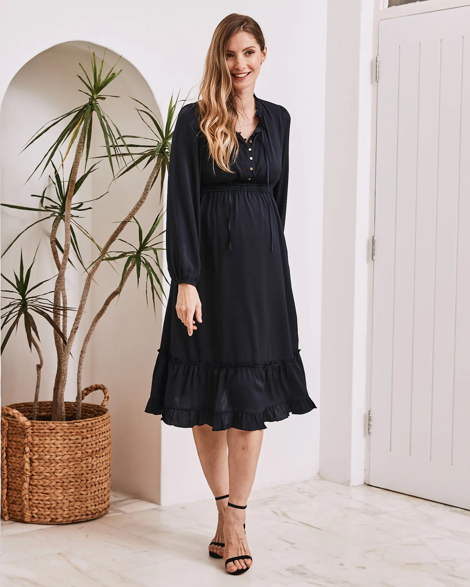 Stelle Baby Shower Button Front Midi Dress in Navy