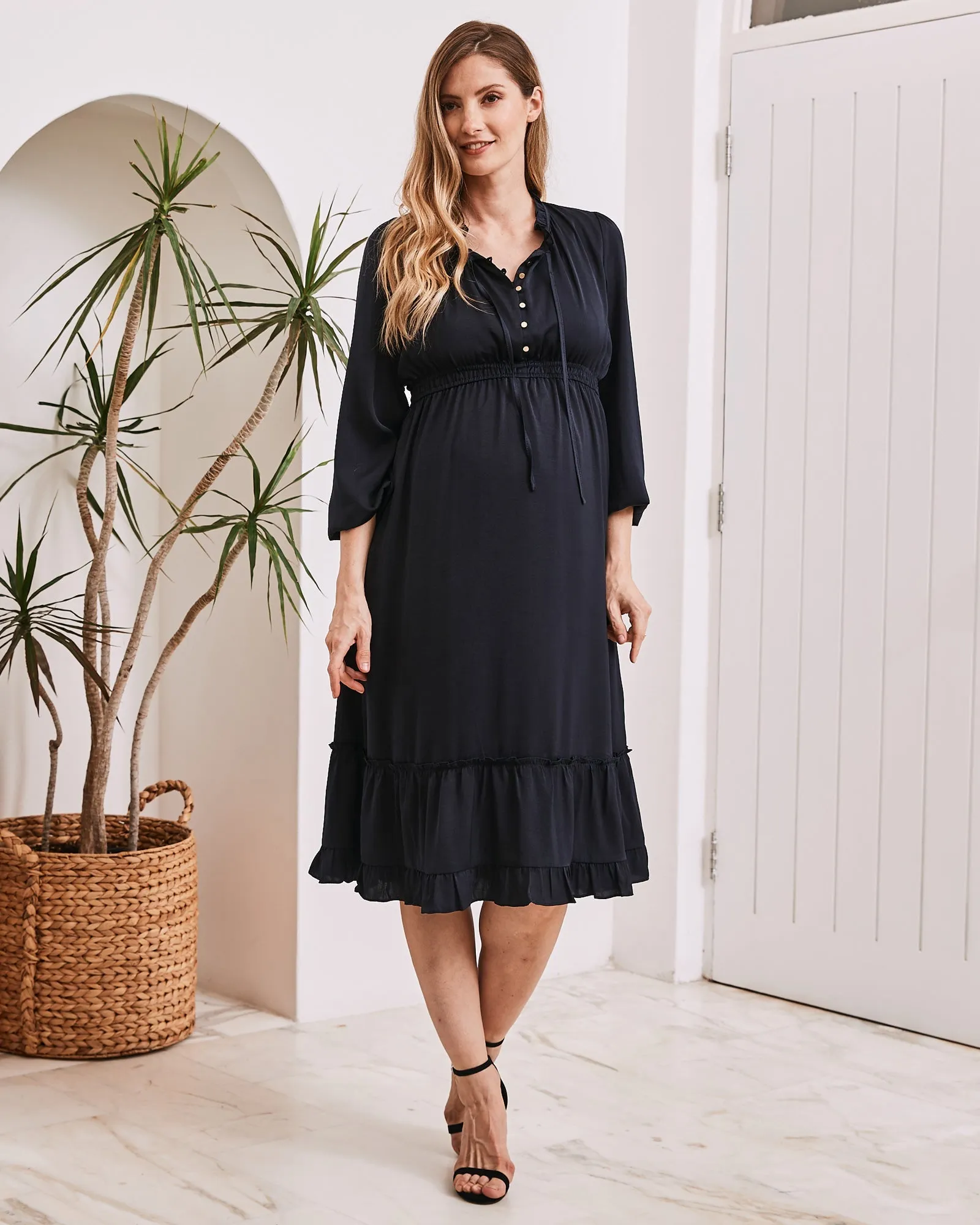 Stelle Baby Shower Button Front Midi Dress in Navy