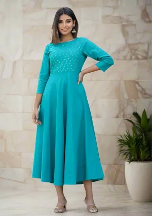 Teal Green Sequin Cotton Anarkali Kurta (Set Of 1)