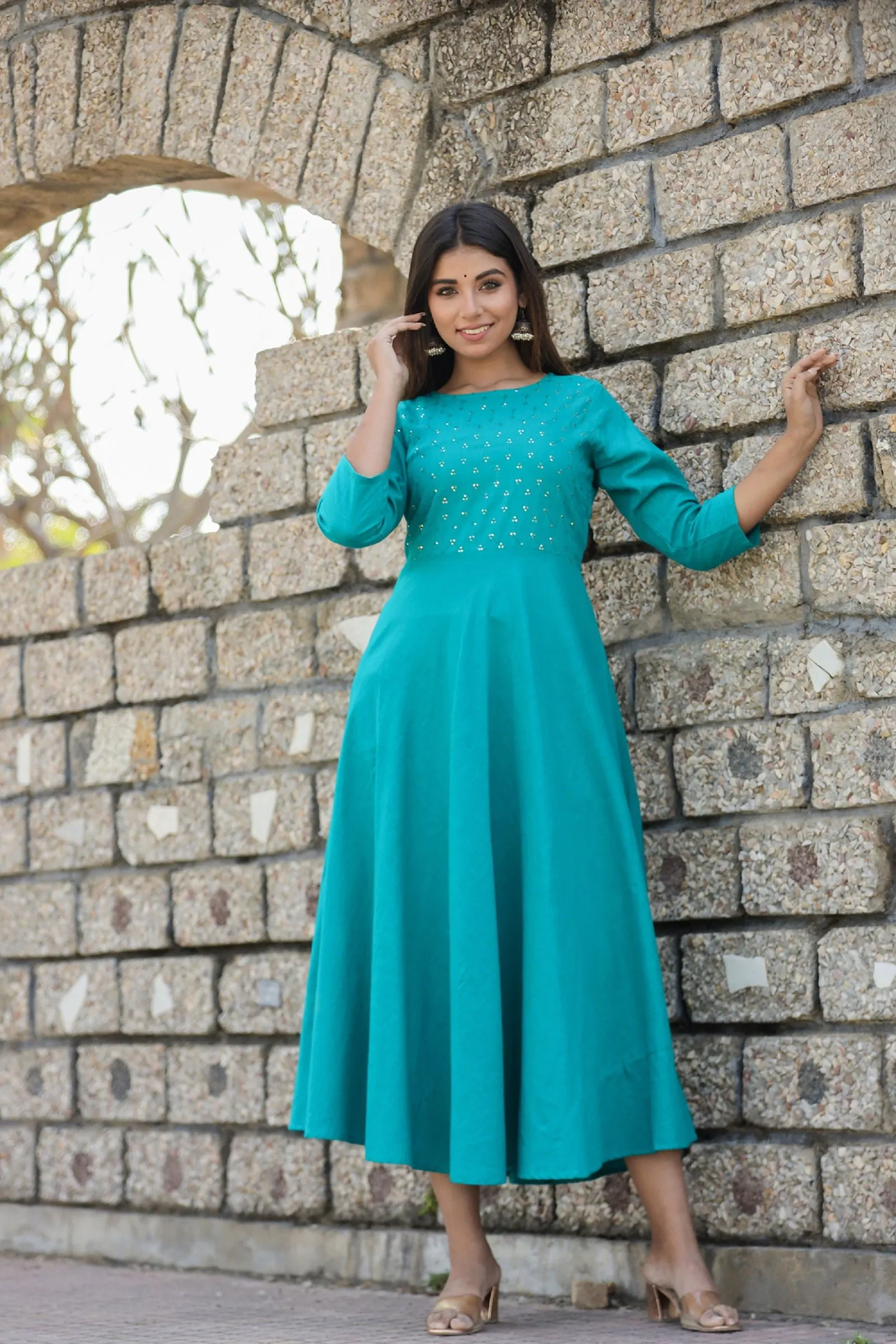 Teal Green Sequin Cotton Anarkali Kurta (Set Of 1)