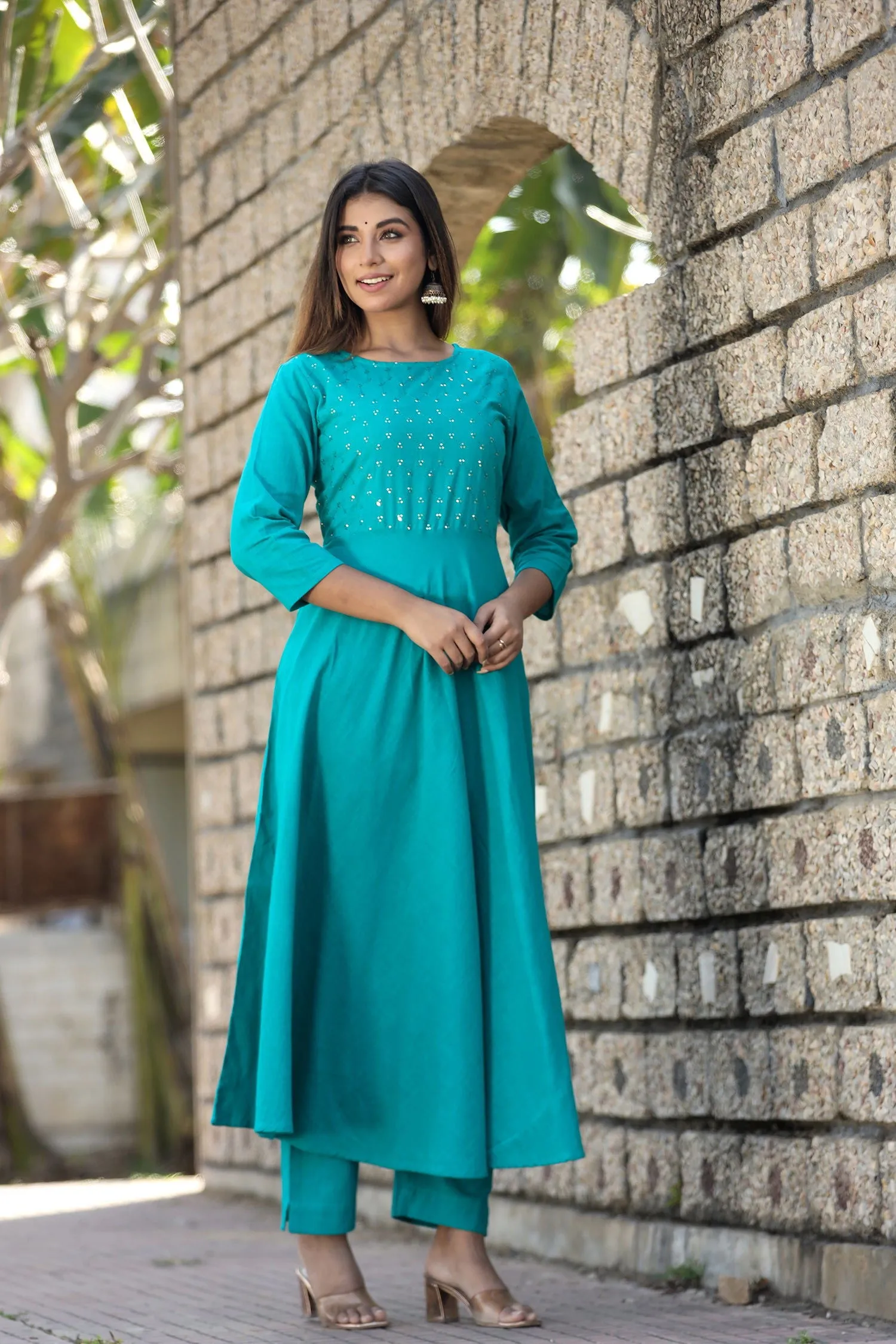 Teal Green Sequin Cotton Anarkali Kurta (Set Of 1)