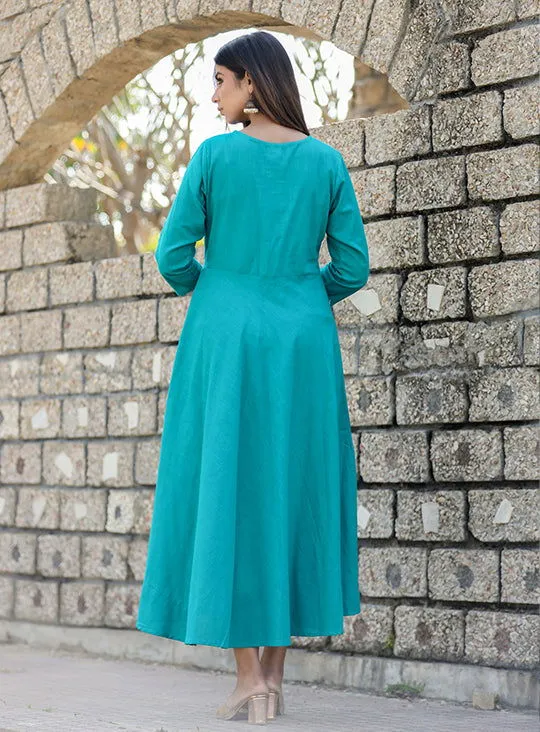 Teal Green Sequin Cotton Anarkali Kurta (Set Of 1)