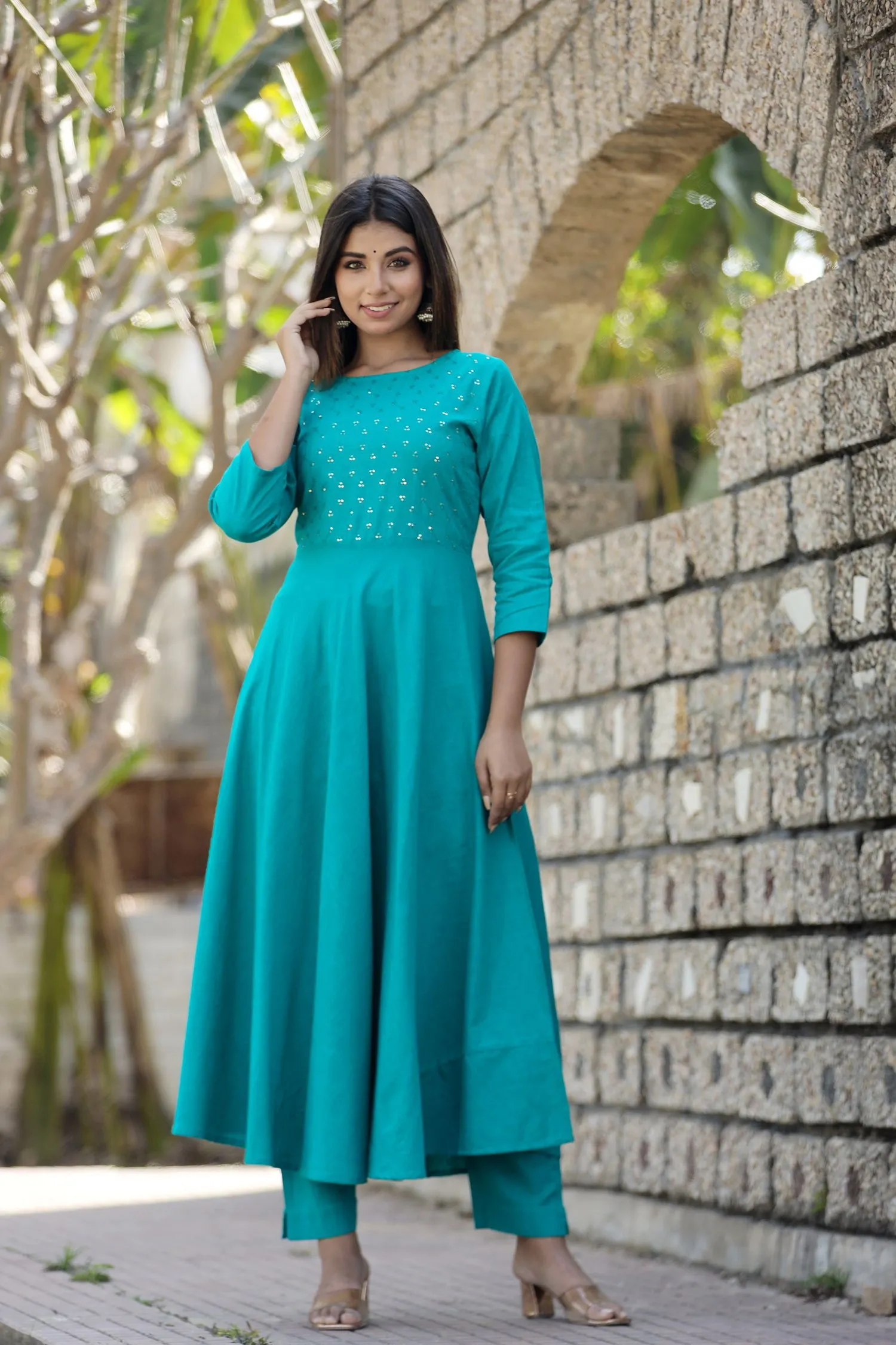 Teal Green Sequin Cotton Anarkali Kurta (Set Of 1)