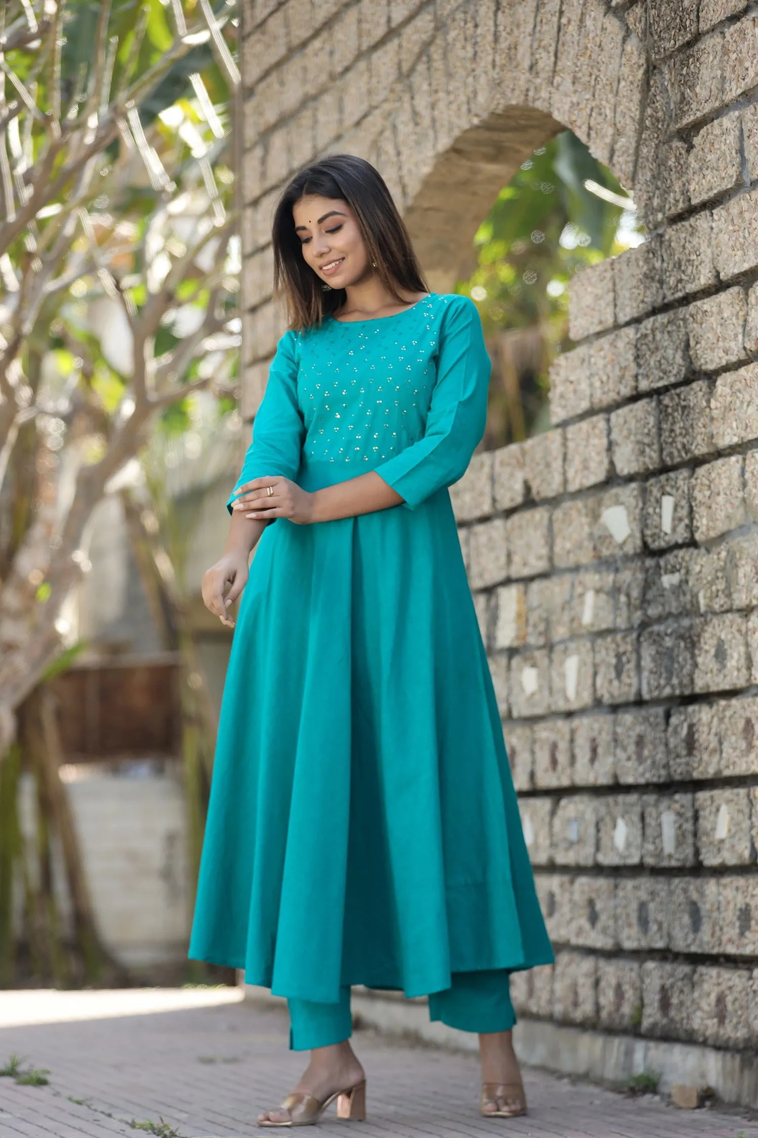 Teal Green Sequin Cotton Anarkali Kurta (Set Of 1)