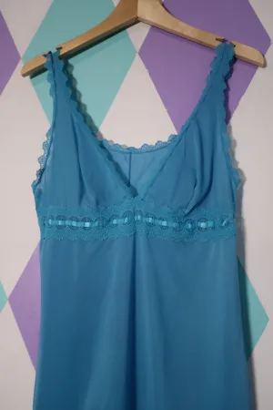 Vintage Aqua Blue Sheer Slip Dress with Ornate Lace Trim