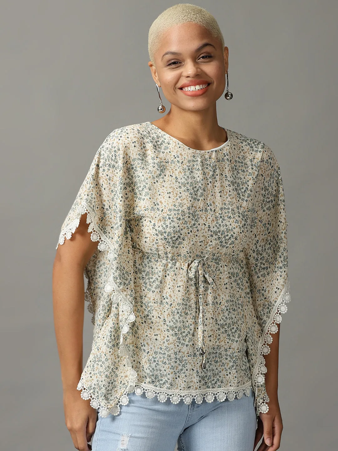 Women's Cream Printed Kaftan Top