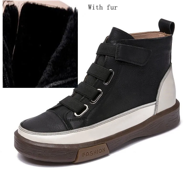 Women's Genuine Leather Sneakers / Trend Round Toe Flat Footwear