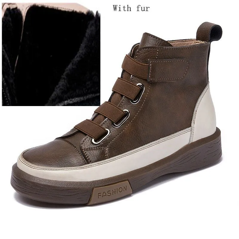 Women's Genuine Leather Sneakers / Trend Round Toe Flat Footwear